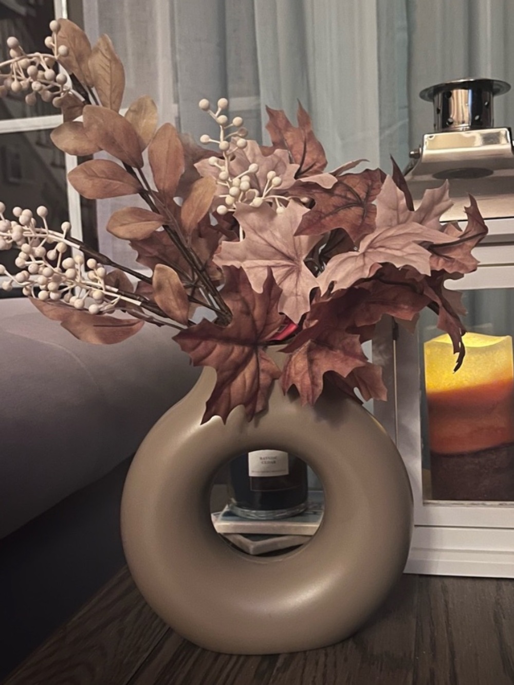 Fall Taupe Donut Vase with Brown Faux Foliage